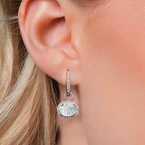 925 Sterling Silver with 2.04 Cttw White Opal Oval Dangling French Lock Earrings - Picture 2 of 5